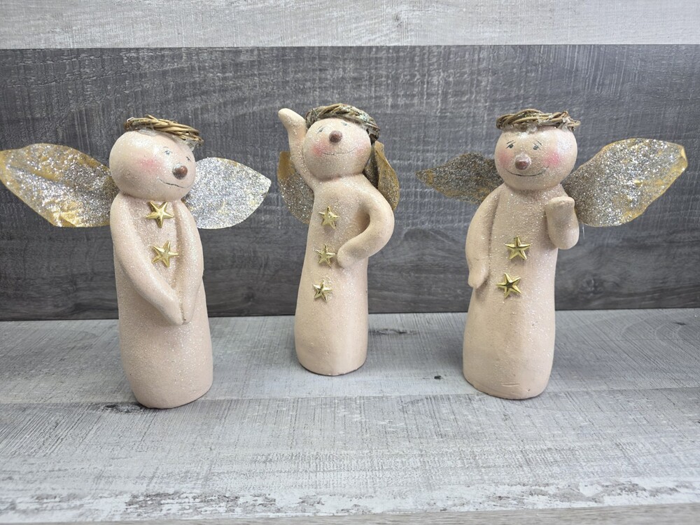 Set of 3 Glitter Gold Snowman Resin Angel Figurines Christmas Angels Bin 137